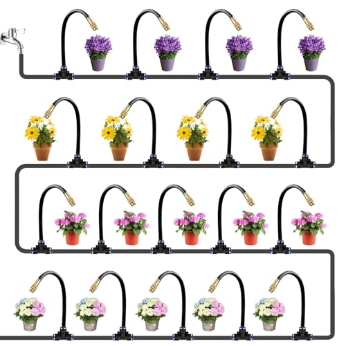 60FT Drip Irrigation System for Garden – Automatic Watering Kit with Solid Brass Metal Connectors, 360° Bendable Tubing &16 Adjustable Nozzles for Greenhouse, Lawn, Yard & Plants - size: 60 FT