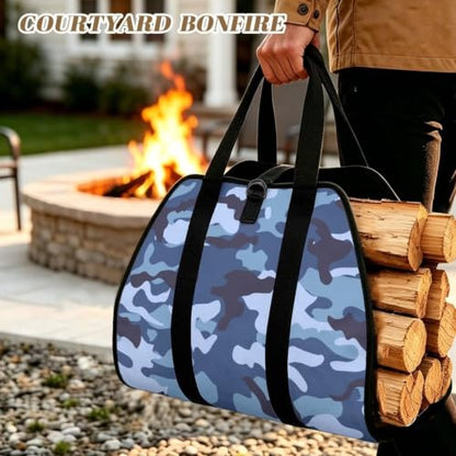 Urban Camo Print Firewood Log Carrier Foldable Wood Sack | with Reinforced Handles, Lightweight Portable, Large Capacity, for Camping and Backyard Parties - color: Navy Light Blue Urban Camo Print