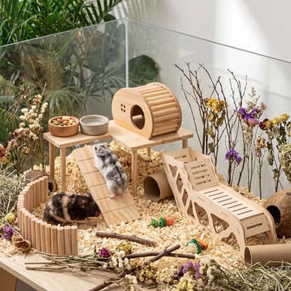 BreezeHug 4 Pcs Hamster Cage Accessories Hamster Platform Hideout Wooden Tunnel Ladder Playhouse Game Climbing Toy with Platform for Pets Dwarf Syrian Mice Degus Gerbils Squirrel(Table) - style: Table