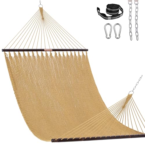 Lazy Daze Hammocks 13 FT Extra Large 2+ Person Caribbean Rope Hammock, Hand Woven Polyester XL Hammock with Spreader Bars, for Outside Outdoor Backyard Patio Poolside, 500 LBS Capacity, Tan - color: Tan