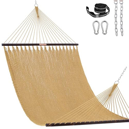 Lazy Daze Hammocks 13 FT Extra Large 2+ Person Caribbean Rope Hammock, Hand Woven Polyester XL Hammock with Spreader Bars, for Outside Outdoor Backyard Patio Poolside, 500 LBS Capacity, Tan - color: Tan