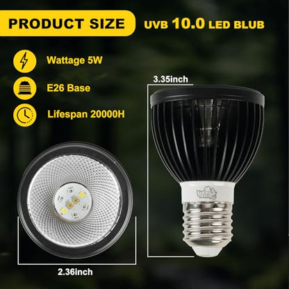 LUCKY HERP UVB Light for Reptiles, High-Intensity UVB Reptile Light Bulb 5W 10.0 LED Lamp, Full Spectrum UVA UVB Bulb for Reptiles, Desert UVB Light Ideal for Reptiles Bearded Dragons Tortoises