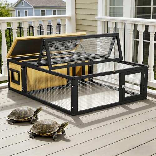 Large Tortoise Hidden Habitat Enclosure Wooden Turtle House Indoor Outdoor with Asphalt Roof & Ventilating Wire Fence for Small Animals Outside Garden Backyard (Yellow) - color: Yellow