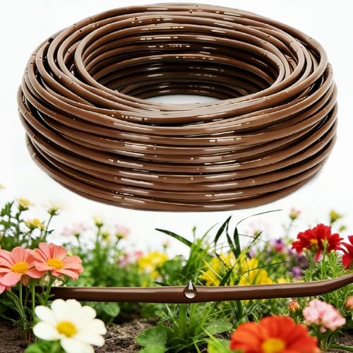 1/4" Drip Irrigation Tubing with 6" Emitter Spacing, (100 Ft Roll) Hydroponics Dripline with Built-in 0.5 GPH Dripper, Drip Line for Landscape Irrigation, Tree Watering and Greenhouses (Brown) - size: 100FT