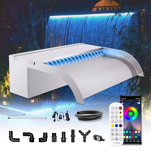 Waterfall Pool Fountain, LONGRUN Stainless Steel Waterfall Spillway for Pools and Ponds - 11.8" Wide Decorative Water Feature for Swimming Pools, Koi Ponds, and Garden - size: 11.8 inch Stainless Steel(Curved)
