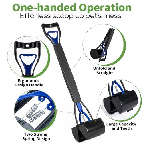 32" Long Handle Dog Pooper Scooper with Bag Attachment for Large/Small Dogs | Long Handle,Foldable,Easy to Clean,No Need to Bend Over, Suit for All Surface