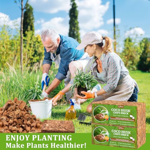 Riare 10 Pack Organic Coco Coir Chips for Plants, 11 lb Coconut Husk Bricks | Low EC & pH-Balanced Coco Husk Substrate with Drainage & Aeration, High-Expansion Mulch for Landscaping, Orchids & Soil Mix - size: 10 Pack
