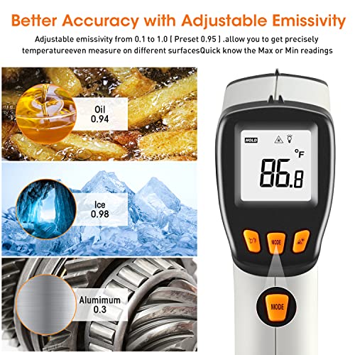 Infrared Thermometer, Laser Temperature Gun for Cooking, Non Contact Temp Gauge, Adjustable Emissivity IR Thermometer Heat Temperature Reader Gun -58 to 788℉, -50 to 420℃(Not for Human) - color: -58°F~788°F Gray