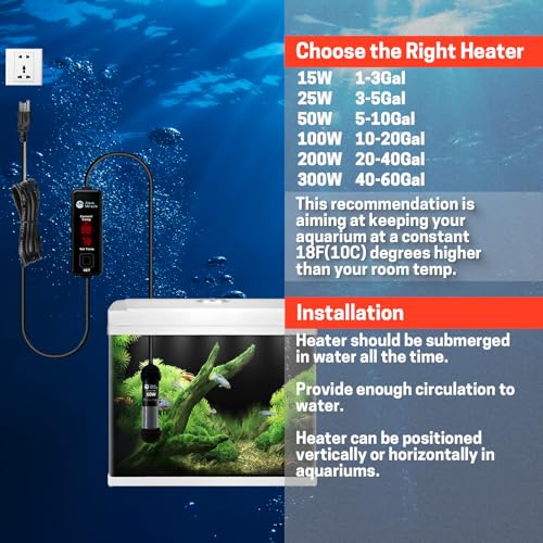 AquaMiracle Upgraded 25W Small Aquarium Heater Fish Tank Heater Turtle Heater Super Mini Aquarium Heater, Dry-Run/Overheating Protection and Memory Function, Dual LED Display, for 3-5 Gal Tanks - size: For 3-5 Gal Aquariums