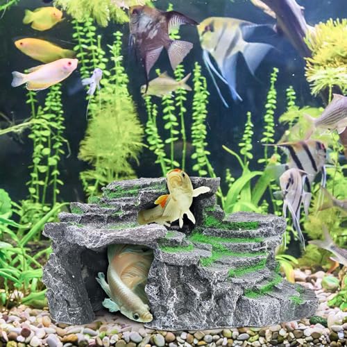 MoonOrange Turtle Basking Platform, Reptile Habitat Hideout, Decorative Resin for Aquarium & Terrarium, Including Artificial Plant and Cleaning Brush.(C-Medium-Black)