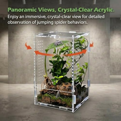 Jumping Spider Enclosure Kit, Clear Acrylic Terrarium Tank with Accessories, Vertical Reptile Habitat for Tarantula Mantis Bug Snail Hide, Anti-Escape Micro-Vent Front Opening Arboreal Starter Gift