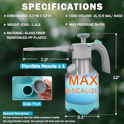 Garden Hand Pump Sprayer 1/2 Gallon, Plant Mister Spray Bottle 2L | Handheld Pressure Sprayer with 360° Extended Spray Rod, Side Water Inlet Design, Adjustable Nozzle & Safety Valve
