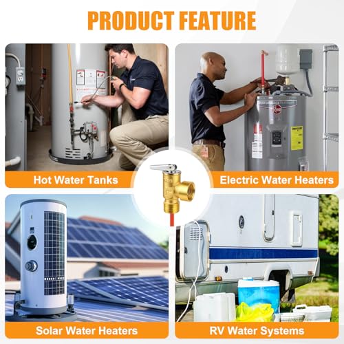 3/4" NPT Water Heater Pressure Relief Valve, 150 PSI Pressure Relief Valve for RV Hot Water Heater, Brass T&P Relief Valve with Epoxy-Coated Probe, Universal Suburban RV Water Heater Parts Replacement