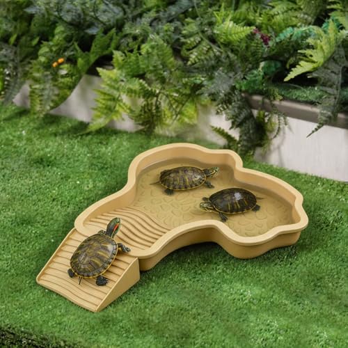 Reptile Bathing Pool with Removable Ramp, Snake Water Bowl with Steps, Tortoise Feeding Dish, Turtle Soaking Dish, Aquarium Ornament for Gecko, Turtle, Snake, Lizard, Bearded Dragon