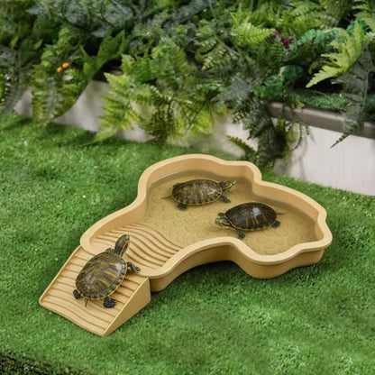 Reptile Bathing Pool with Removable Ramp, Snake Water Bowl with Steps, Tortoise Feeding Dish, Turtle Soaking Dish, Aquarium Ornament for Gecko, Turtle, Snake, Lizard, Bearded Dragon