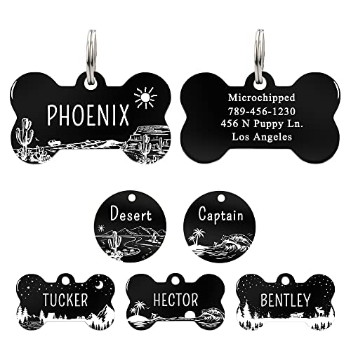 UltraJoys Stainless Steel Pet ID Tag Dog Name Tags Personalized Front and Back Engraving, Customized Dog Tags and Cat Tags, Optional Engraved on Both Sides, Bone Tag with Desert Cactus Design, Small - color: Bone-desert, size: Small