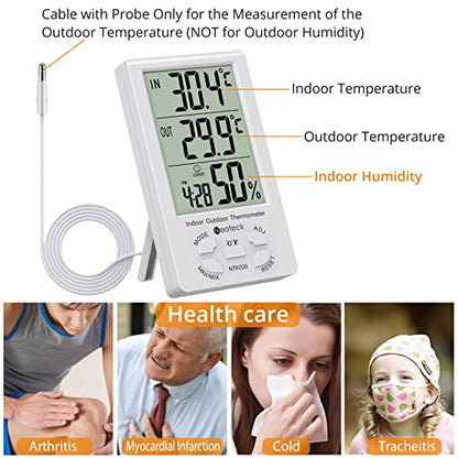 Neoteck 2in1 Thermometer Hygrometer with Clock LCD Display 1.5m Sensor Wire | ± 1°/5% High Accuracy Digital Humidity Temperature Meter with Clock for Indoor Outdoor Air Quality Condition Monitoring