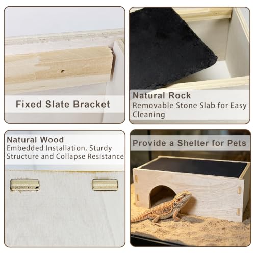 Bearded Dragon Basking Platform,Wooden Reptile Hides Cave with Basking Rock | Crested Gecko Hideout with Slate Rock Tank Accessories for Lizard Snake Tortoise