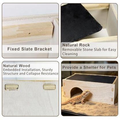 Bearded Dragon Basking Platform,Wooden Reptile Hides Cave with Basking Rock | Crested Gecko Hideout with Slate Rock Tank Accessories for Lizard Snake Tortoise