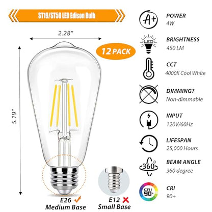 winsaLED 40 Watt Light Bulbs, E26 Bulb, 4000K Cool White 4W LED Edison Bulbs, Flickering Free, 90 High CRI, 450LM, Not Dimmable, Pack of 12 - color: 4000k-cool White