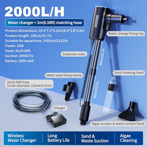 Cordless Gravel Vacuum Aquarium Cleaner for 10-75 Gallon,6-in-1 Automatic Fish Tank Cleaning Tools 2600mah Rechargeable Fish Tank Vacuum Large Tanks Change Water Wash Sand (25w) - size: For 10-75Gal