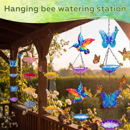 Tandefio 2 Pack Hanging Bee Watering Station, Butterfly Feeder, Flower Shaped Bowl Bee Metal Cups for Outdoor Garden Yard Decor, Pollinator Feeding Station 19.6 Inch (Butterfly & Hummingbird Style) - style: Butterfly & Hummingbird Style