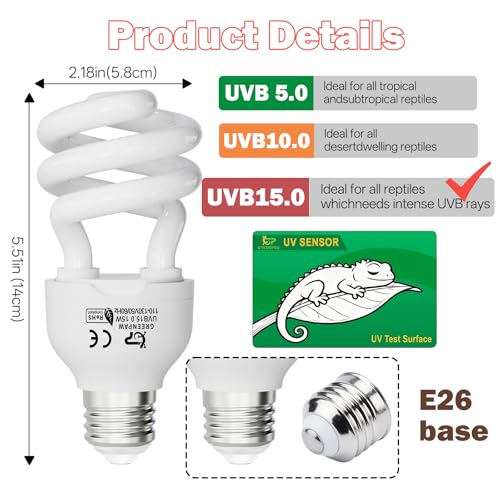 UVB Light for Reptiles 15.0: 15W Intense Desert UVA UVB Bulb for Reptiles - Reptile UVB Light Terrarium Compact Fluorescent Lamp- UVB Light for Reptile and Amphibian with A Free UV Sensor Card - size: 5.5INCH-15.0