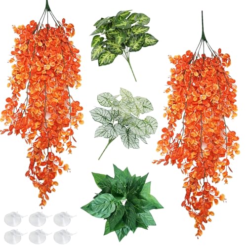 Hamiledyi Reptile Plants for Terrarium Hanging Fake Leaves with Suction Cup | 5 Pack Artificial Snake Foliage, Bearded Dragon Tank Greenery Reptile & Amphibian Habitat Plant for Chameleon Gecko (Orange) - size: 5 PCS - Style 5
