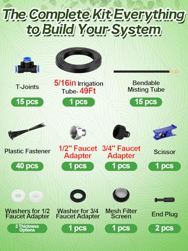 49ft Drip Irrigation System Kit for Raised Bed Plants Lawn | with 15pcs 360° Adjustable Copper Nozzle, PE Tubing, 1/2" & 3/4" Faucet Adapters, Automatic Garden Watering Sprinkler System