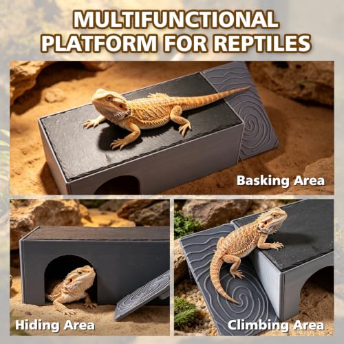 3 in 1 Reptile Basking Platform for Bearded Dragon, Leopard Gecko | Large Reptile Hides and Caves, with Adjustable Climbing Ramp & Heat Absorbing Slate Rock, 12.2×6.3×3.9 Inch