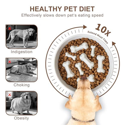 Ceramic Slow Feeder Dog Bowls, Ceramic Slow Feeder Maze Dog Food Bowl, Slow Eating Dog Bowl and Slow Feeder Dog Bowl Anti-Choking for Daily Pet Feeding （White Bone） - color: White Bone