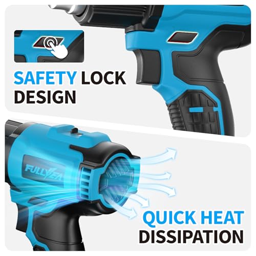 FULLYEA Heat Gun Cordless, Max 1022°F (550°C), Hot Air Gun Kit with 2x4.0Ah Batteries & 5 Nozzles, Lightweight Portable, Battery Heat Gun for Shrink Tubing, PVC Wrap, DIY Craft (Blue)