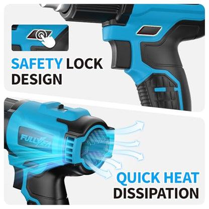 FULLYEA Heat Gun Cordless, Max 1022°F (550°C), Hot Air Gun Kit with 2x4.0Ah Batteries & 5 Nozzles, Lightweight Portable, Battery Heat Gun for Shrink Tubing, PVC Wrap, DIY Craft (Blue)