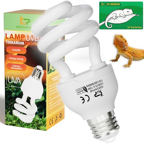 UVB Light for Reptiles 10.0: Bearded Dragon UVB Light for Desert Habitats,15W UVA UVB Reptile Light Bulb for Lizards Tortoises,Terrarium Compact Fluorescent Lamp-UVB Bulbs with Free UV Sensor Card - size: 5.5INCH-10.0