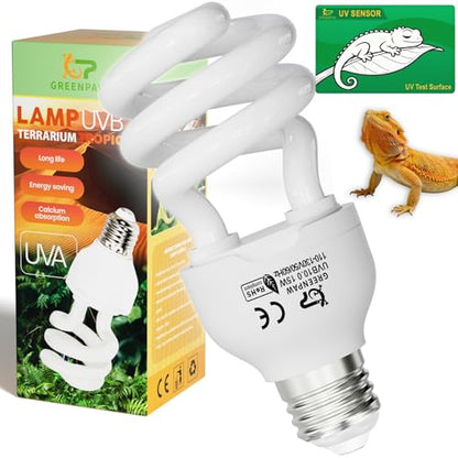 UVB Light for Reptiles 10.0: Bearded Dragon UVB Light for Desert Habitats,15W UVA UVB Reptile Light Bulb for Lizards Tortoises,Terrarium Compact Fluorescent Lamp-UVB Bulbs with Free UV Sensor Card - size: 5.5INCH-10.0