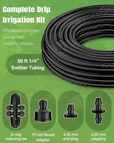Pawfly 50 ft 1/4 Drip Irrigation Tubing, 1/4" Emitter Tubing with 6" Spacing, Polyethylene Drip Line with 12 Parts, Black Distribution Tubing for Drip Irrigation System, Drip Irrigation Hose Roll - size: 50 FT Kit with Emitters Drip Irrigation Tubing
