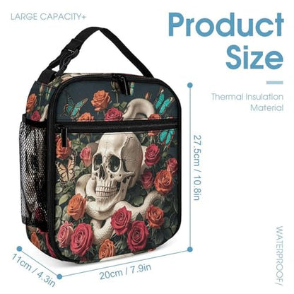 Skeleton Rose Bush Snake And Butterfly Insulated Lunch Bag for Women Men Large Capacity Reusable Lunch Box Leak-Proof Cooler Tote with Front Pocket for Office, Work, Picnic, Travel