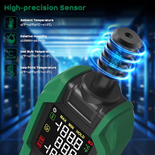 SQECH Temperature Humidity Meter Digital Hygrometer Psychrometer HVAC | Hydrometer Monitor with Ambient Thermometer, Dew Point, Wet Bulb, Flashlight, Max/Min, Data Hold, Color Backlight