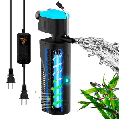 Aquarium Filter with U - V Clarifier for Green Water Cleaning | Fish Tank Filter to Remove Al-gae | Green Killing Machine | Aeration/Rainfall Mode | with Timer | Turtle Tank Filter (20-70Gal)