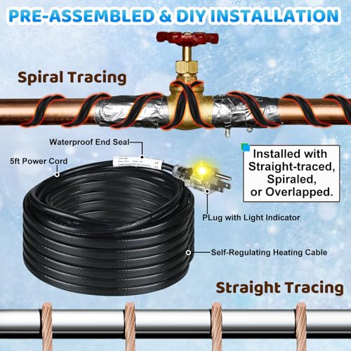 Kingdder 12 Ft (6FT~48FT) Heat Tape for Water Pipes Thermostat Self Regulating Heating Cable with Power Indicator Plug Built-in, Heavy Duty Heating Cable for Pipe Freeze Protection, 120V 8W/ft - size: 12 Ft