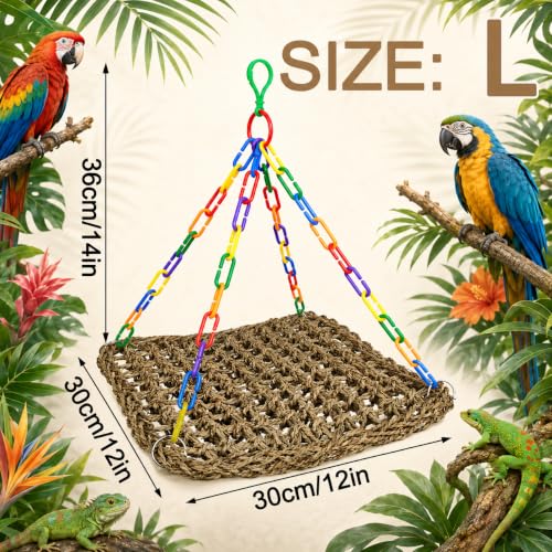 Reptile Hammock Lizard 、Parrot Basking Platform, Size L | Aquarium Grass Woven, Rainbow Chain Hammock, Bird Perch Swing Toy, Climbing Ladder for Bearded Dragon Gecko Chameleon - size: L