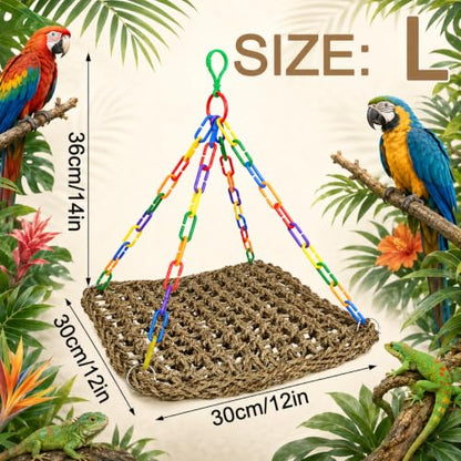 Reptile Hammock Lizard 、Parrot Basking Platform, Size L | Aquarium Grass Woven, Rainbow Chain Hammock, Bird Perch Swing Toy, Climbing Ladder for Bearded Dragon Gecko Chameleon - size: L