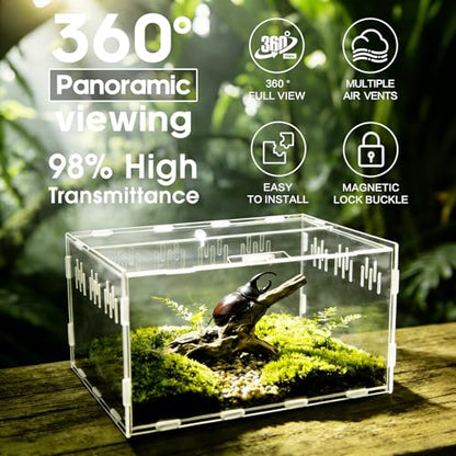 Acrylic Reptile Terrarium, Tarantula Enclosure(Tweezers & Bowl Included) | Reptile Tank with Magnetic Door for Spiders, Mantis, Frogs, Snails & Isopods, 11.4"x7.8"x5.9"