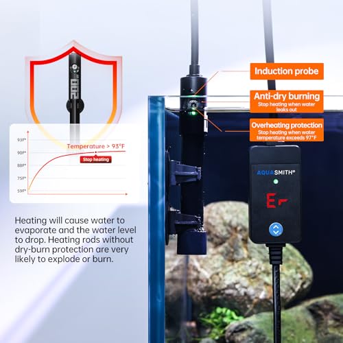 AQUASMITH 100W Aquarium Heater Precise Control Fast Heat Auto Off Anti Dry Burn 4-9Gal Tank | External LED precise temp control, fully submersible installation, explosion-proof tube for fresh & salt water - size: S