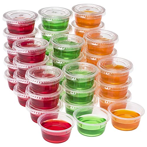 DuraHome Plastic Portion Cups with Lids 2 oz. Pack of 150 Leakproof Jello Shot Cup Mini Containers for Salad Dressing Sauce Condiment Snack Souffle and Salsa, Disposable - style: 150 Sets - 2oz.