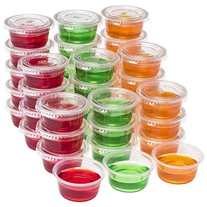 DuraHome Plastic Portion Cups with Lids 2 oz. Pack of 150 Leakproof Jello Shot Cup Mini Containers for Salad Dressing Sauce Condiment Snack Souffle and Salsa, Disposable - style: 150 Sets - 2oz.