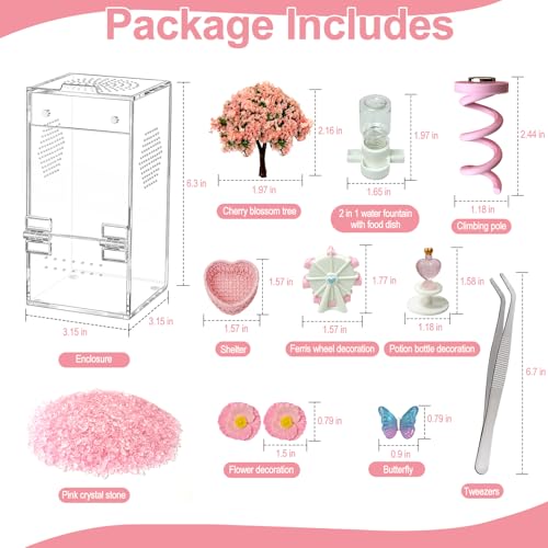 Jumping Spider Enclosure,DIY Insects Habitat,Small Reptile Terrarium Glass House Accessories Set,with Jumping Platform Hide Water Feeder (Pink B) - color: Pink B