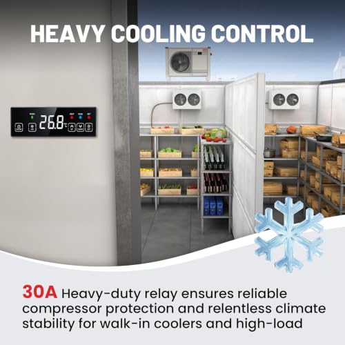 30A 120V Touchscreen Heating & Cooling Thermostat Controller | Temperature Control Switch for Garage Automation, Electric Brewery, Workshop, BBQ, ℃/℉ Switchable, 6.6 Ft Sensor Probe