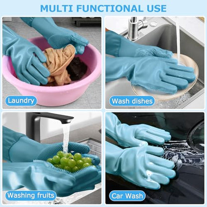 Dog washing gloves | Pet grooming gloves | Extra Long Arms 17.3in,hazy blue | This pet hair removal glove is made of thickened waterproof silicone and features scratch and bite resistance. - color: hazy blue