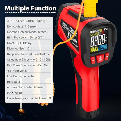 Infrared Thermometer Gun, Digital Laser Temperature Gun with Probe, -40°F~1472°F Non-Contact IR Thermometer with Adjustable Emissivity for Cooking, Pizza Oven, Griddle, Grill & Meat - color: Red, size: IR06 PRO -40℉~1472℉(-40℃~800℃)